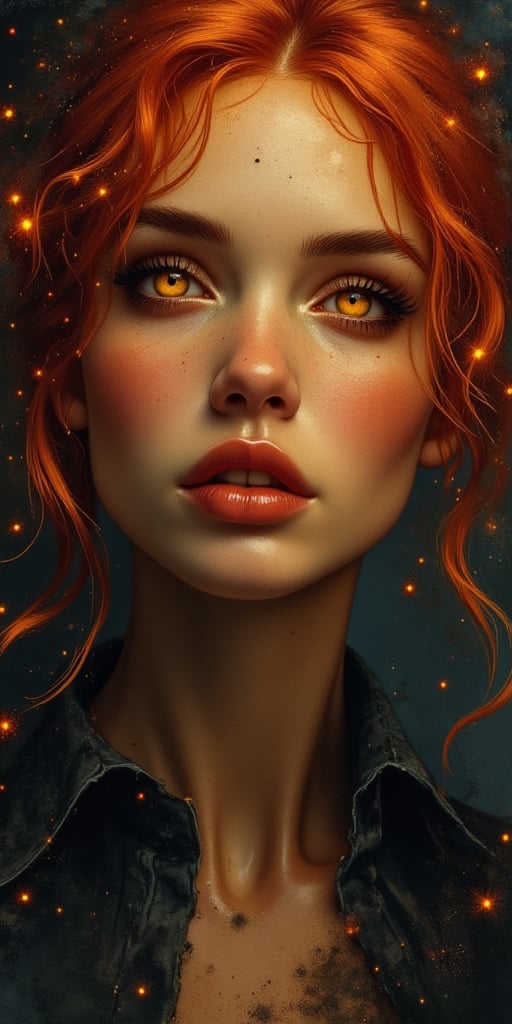 A striking portrait of a woman with fiery red locks and eyes that shine like stars. She gazes directly at the camera, her gaze piercing through the darkness. The framing is cinematic, with the subject centered and bathed in warm, golden light that casts long shadows across her face. Her porcelain skin glows with an ethereal luminescence, as if illuminated from within. The background is shrouded in mystery, a dark, misty veil that hints at secrets waiting to be uncovered. The brushstrokes are bold and expressive, blending oil and watercolor techniques to create a rich, textured effect. Chiaroscuro lighting casts dramatic shadows across her features, adding depth and dimensionality to this neo- artcore masterpiece, reminiscent of Charlie Bowater's epic portraits.