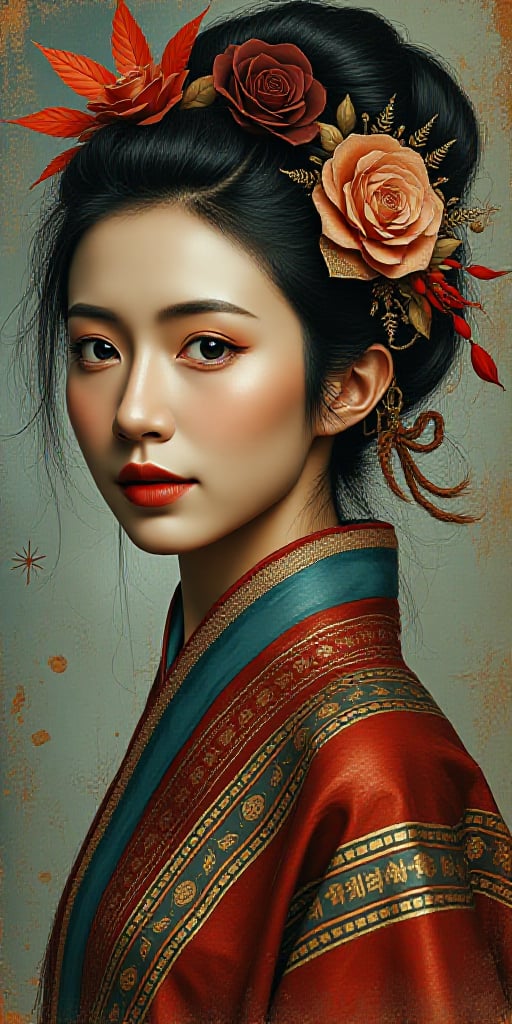 A painting of an Asian woman,  in the style of precisionist art,  meticulous design by blue on Tensor.Art