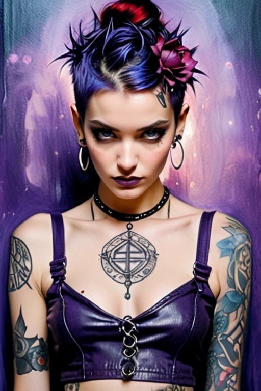 photography of a beautiful punk woman with flowers in her hair. (from above:1.2).(close up) . deep cleavage, wearing a lethered crop top , wearing earing,dark purple-red-blue color, punk woman with runic tattoos,(captivating expression). blury background. slim, (small breasts), (t-shirt, open vest, midriff)