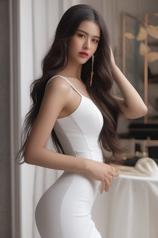 a woman in a white tight dress with long hair touching her backside, 1girl, solo, breasts, long hair, dress, black hair, looking at viewer, armpits, white dress, sharp focus, perfect hands, perfect face, perfect eyes, perfect light, dynamic light, natural light, masterpiece, best quality, very aesthetic, absurdres, newest, ai-generated, intricate