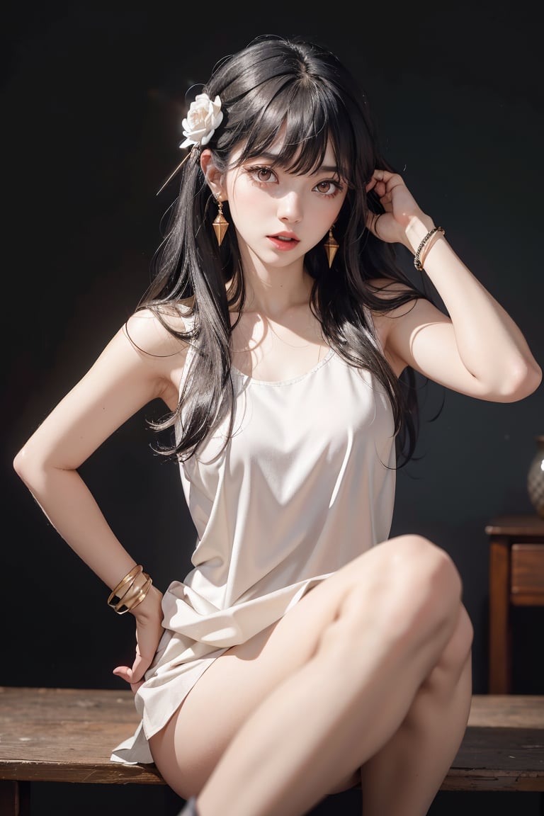 1 girl (white skin), solo, long hair, black hair, shiny hair, hair ornament, irregular bangs, hair over shoulder, open mouth, red eyes, young, medium breasts, ear piercings, black nails, jewelry, bracelets, tank top, white shirt, black short, high heels, hand on hip, perfect anatomy+, perfect female body, masterpiece, high quality++, ultra quality++, wallpaper++++, radiant++++, vivid+++++, blush+, eyebrows visible through hair