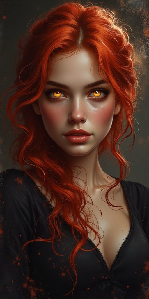 A woman with Red hair and Luminous eyes looks at the camera, Beautiful picture of the character, character portrait, character portrait, 🤤 Charlie Bowater character art, epic portrait illustration, подробный character portrait, neo-artcore and Charlie Bowater, high quality portrait, fantasy concept art portrait, detailed matte fantasy portrait, charlie bowater art style, Detailed beautiful portrait, fantasy art portrait, dark, chiaroscuro, low-key, oil and watercolor painting