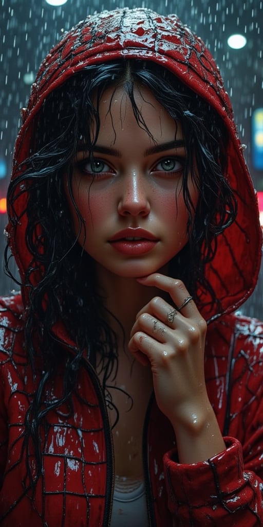 Extreme realistic depiction of a Wet Beauty Under Night Rain, in upper body shot, curvaceous glamorous body, hair hair over one eye,  extremely wet, realistic wet skin texture, realistic wet clothing heavy rain, realistic fabric texture, casual shirt and a spider-man hooded jacket,  crop top, adjusting her wet hair, head tilted slightly down.
Show a few wet hair flyaways around her face, catching the light and adding a natural, slightly messy look.detailed iris patterns in her eyes, with subtle color variations and a bright highlight, glossy texture to her nails, with soft reflections and a natural curve, adding to the overall wet appearance.
Leaning forward slightly with her hand resting on her chin, looking straight ahead with a thoughtful expression.