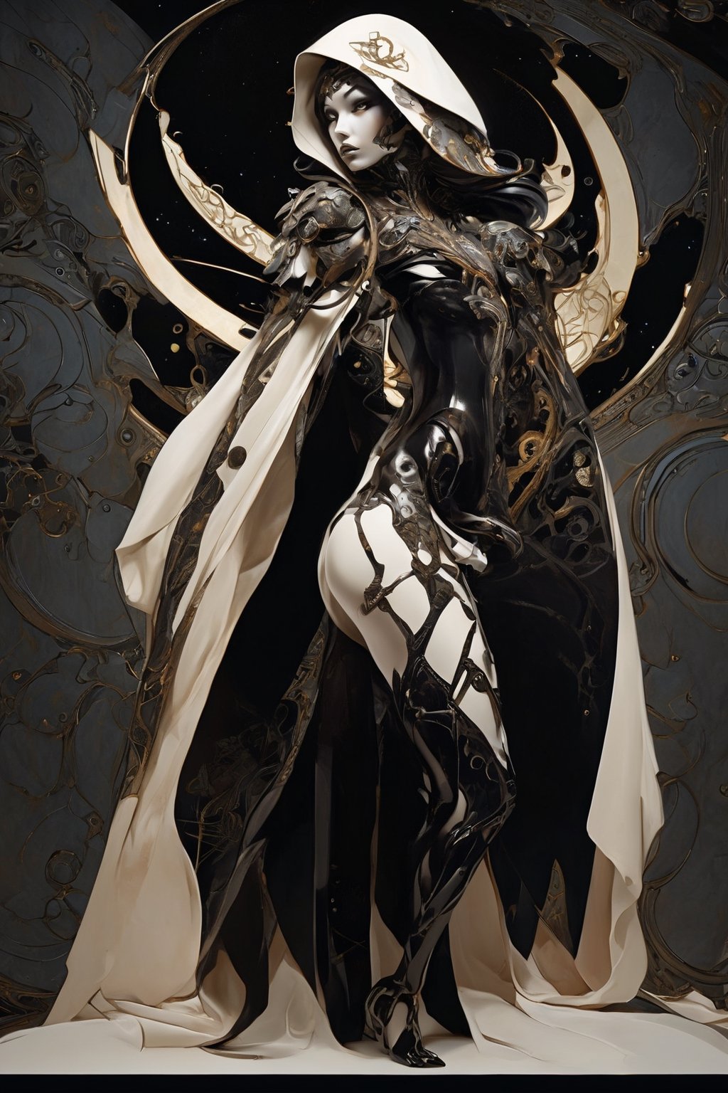 otherworldly astral dark queen, scifi, Greg Tocchini, bold lines, hyper detailed, (intricate details, masterpiece, best quality:1.2), black and ivory hue, looking at viewer, dynamic pose, back view, full body, in the style of nicola samori