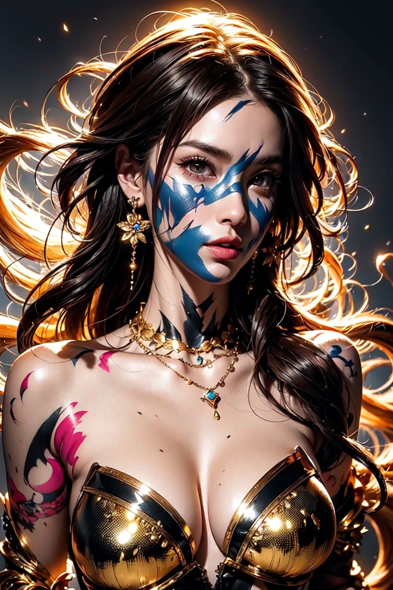 Hyper-realistic digital painting of a beautiful girl, shiny dark brown eyes, messy mid-length hair with golden highlights, beautiful gypsy necklace with intricate details, in a surreal and fantasy setting, combining the artistic styles of Jose Royo, Boris Vallejo, Julie Bell, Carne Griffiths, Benedick Bana, Brian Froud and Eric Wallis, precise anatomy, global light, chiaroscuro, ray tracing