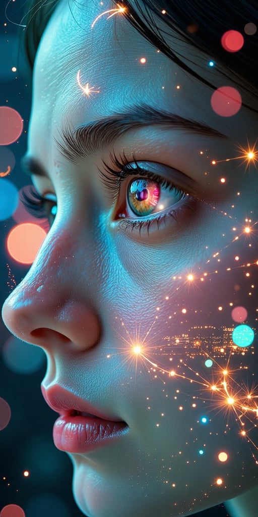 In a dazzling double exposure masterpiece, a person's eye (1.2) is superimposed onto a bustling cyberpunk city street, reminiscent of The Matrix film. The close-up eye is intricately detailed with intricate textures and glowing holographic elements. The technicolor palette shines bright, with vibrant city lights illuminating the scene, creating a colorful dream-like atmosphere. Elaborate details abound in this high-definition rendering, featuring futuristic and captivating visual storytelling.