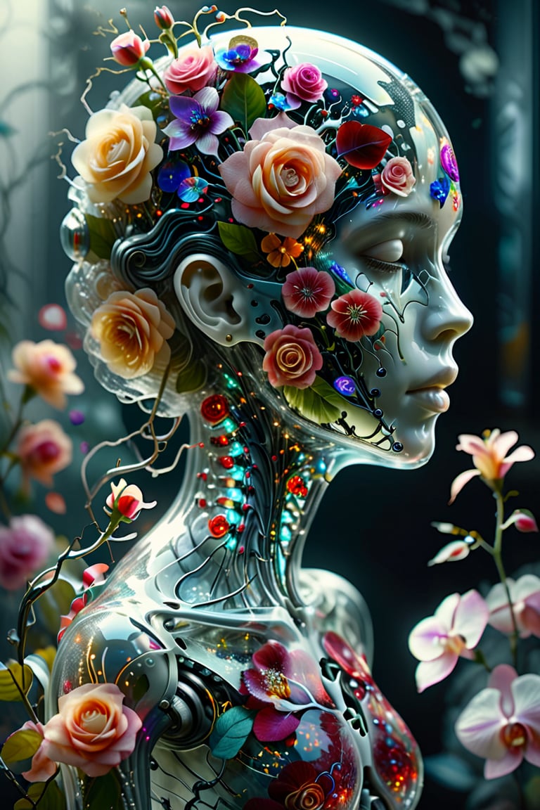 1 woman ,solo,"Transparent glass female cyborg. Skeleton and organs made of vibrant flowers. Mechanical joints visible. Heart of roses, lungs of hydrangeas, brain of orchids. Flowers spilling from slight cracks. Soft backlighting emphasizing transparency. Elegant pose. Simple futuristic background. Photorealistic style with high detail on glass and floral elements.",Clear Glass Skin,tranzp