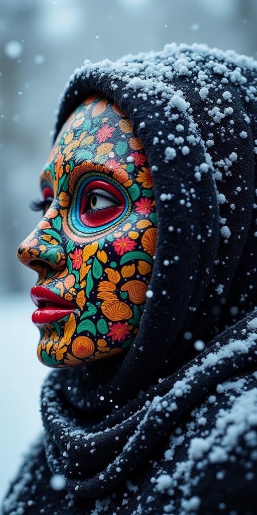 A mystical wintertime scene unfolds as DamShelma's artistry brings forth an enchanting lady, veiled by a traditional African voodoo mask. Amidst the heavy snowfall, intricate patterns on her mask seem to shimmer, amidst the frozen landscape's eerie allure. The tropical mask's vibrant hues contrast with the frosty environment, where snowflakes gently drift down, as if blessing this mystical moment.