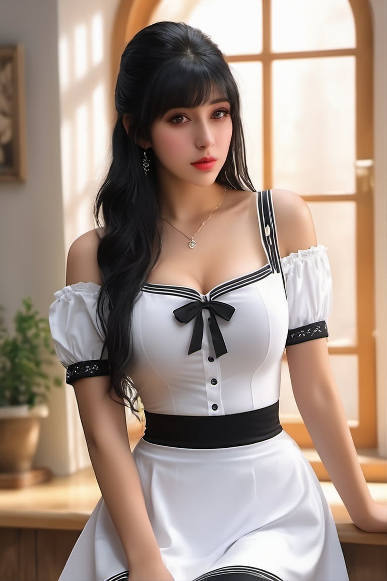 (score_9, score_8_up, score_7_up), 1girl. 20 year old, black hair with thick bangs, small perky breasts, cleavage, pretty face, petite, amber eyes, looking away, heavy blushing, embarrassed , shiny skin,  light freckles, sexy black and white maid outfit with skirt and thighhighs, black panties, sitting on top of male, detailed background, kitchen background, decorative plants sunrise in window, god rays, volumetric lighting, vivid colours, lilandavastyle, OverallDetail, Expressiveh, g0thicPXL, full body shot