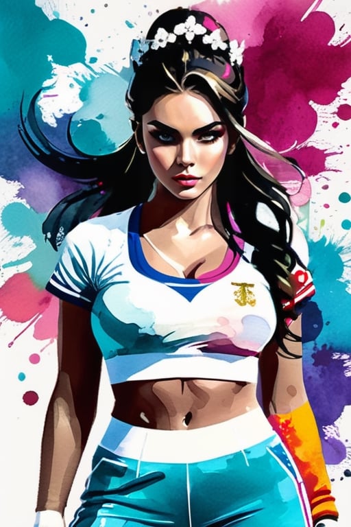 ((obra de arte de tinta obra-prima na paleta de aquarelas escuras)), ((princesa russa)) no reino moderno, crop top com ornamento tradicional russo, sports_pants, tennis, estilo GTA, videogame, papel de parede, CG