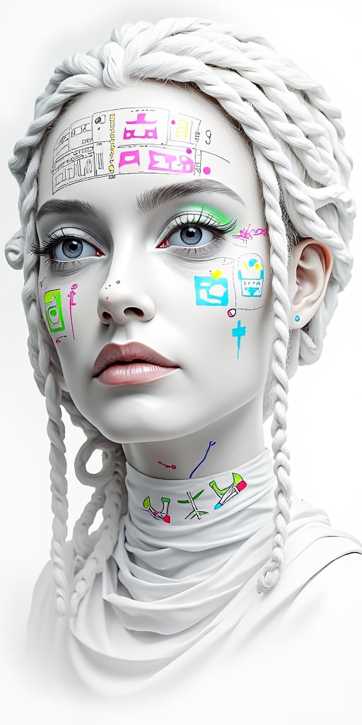 (best quality,4k,8k,highres,masterpiece:1.2),ultra-detailed,(realistic,photorealistic,photo-realistic:1.37),1woman,beautiful detailed eyes,beautiful detailed lips,extremely detailed eyes and face,long eyelashes,European Greek woman,monochrome white skin color,colorful hair,braided dreadlocks,neon hieroglyph tattoos,white monochrome theme,white background