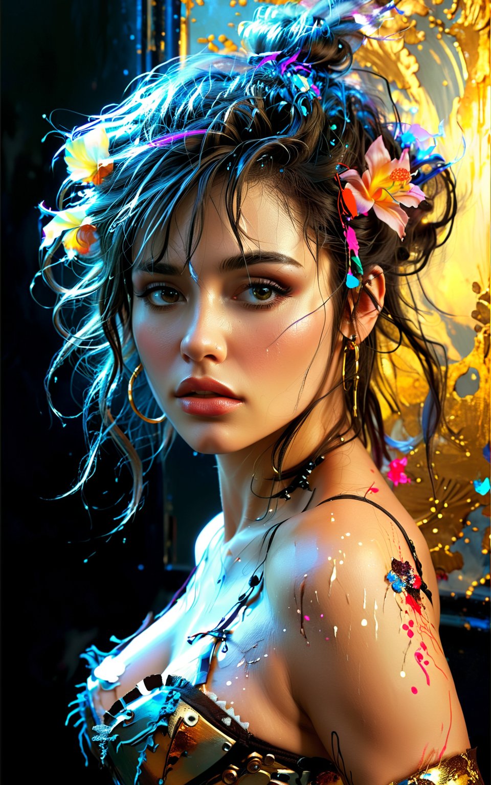 Masterpiece artwork, hyper realistic-surreal and fantastic composition Perfect and dynamic digital painting, portrait of a stunningly gorgeous woman, messy hair, black light atmosphere, style Jose Royo, Boris Vallejo, Carne Griffiths, Wadim Kashin, Harrison Fisher, Brian Froud and Jeremy Mann, epic setting, black light show, varying styles of Steadman, Hanuka, Klimt, Bell, Hobbie, Newton, greg rutkowski, atmospheric, artstation trend, artgerm, deviant art, octane, masterpiece, complex art, details Intricate, matte painting movie poster, golden ratio, trending on cgsociety, incredibly detailed and incredibly beautiful, high quality
