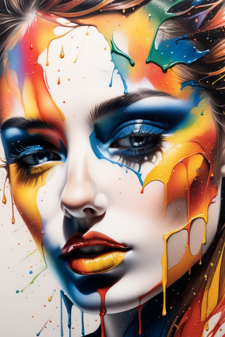 colored pencil drawing of a beautiful woman's face with paint splashed on it and drops of paint falling off --ar 4:5 --s 5...