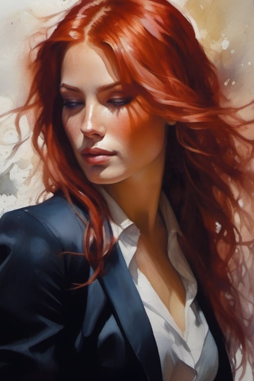 a painting of a woman with red hair and a black suit on,  with a white background and a white wall,  Donato Giancola by bl...