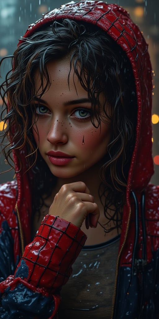 Extreme realistic depiction of a Wet Beauty Under Night Rain, in upper body shot, curvaceous glamorous body, hair hair over one eye, extremely wet, realistic wet skin texture, realistic wet clothing heavy rain, realistic fabric texture, casual shirt and a spider-man hooded jacket, crop top, adjusting her wet hair, head tilted slightly down. Show a few wet hair flyaways around her face, catching the light and adding a natural, slightly messy look.detailed iris patterns in her eyes, with subtle color variations and a bright highlight, glossy texture to her nails, with soft reflections and a natural curve, adding to the overall wet appearance. Leaning forward slightly with her hand resting on her chin, looking straight ahead with a thoughtful expression.
