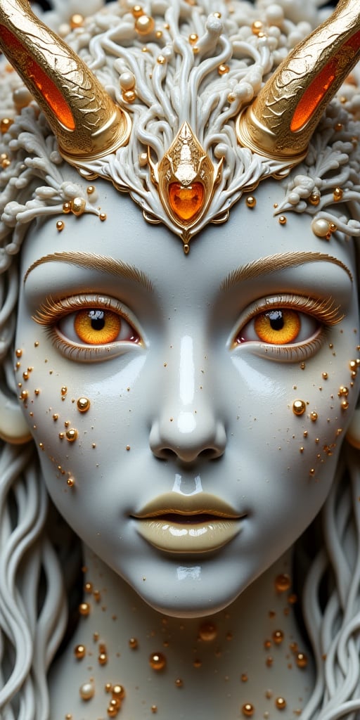 the face of a woman dressed in demon attire, in the style of light gray and light gold, vibrant illustrations, intricately sculpted, realistic hyper-detailed portraits, white and amber, queencore, depicts real life --ar 3:5 --v 6.0