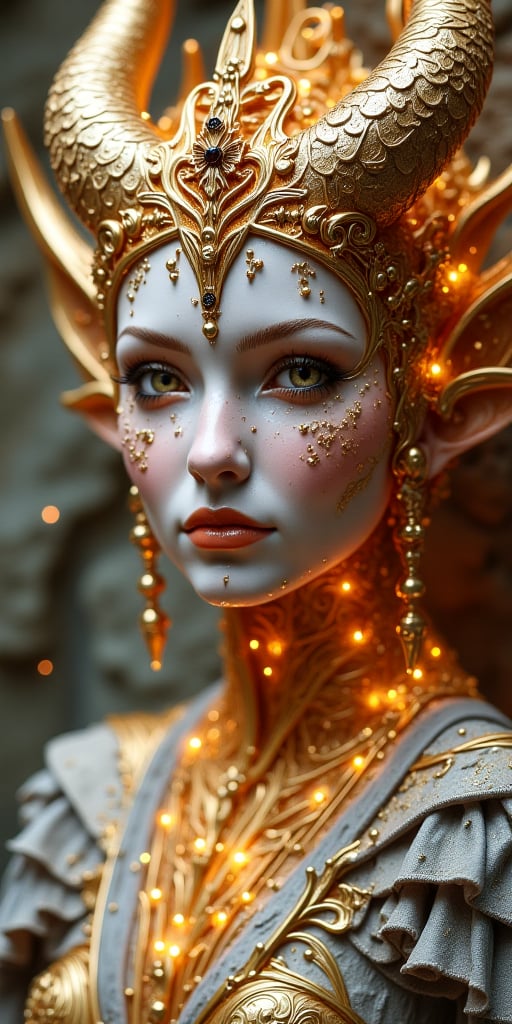 A regal visage, adorned with demon-inspired finery in shimmering light gray and warm gold tones, is set against a vibrant, intricately sculpted background. The queen's face, rendered in realistic hyper-detailed portrait style, glows with an otherworldly aura, as if infused with the essence of white and amber hues. Framed by a 3:5 aspect ratio, this fantastical depiction captures the majesty of the demon-attired woman, as if torn from the realm of the real.