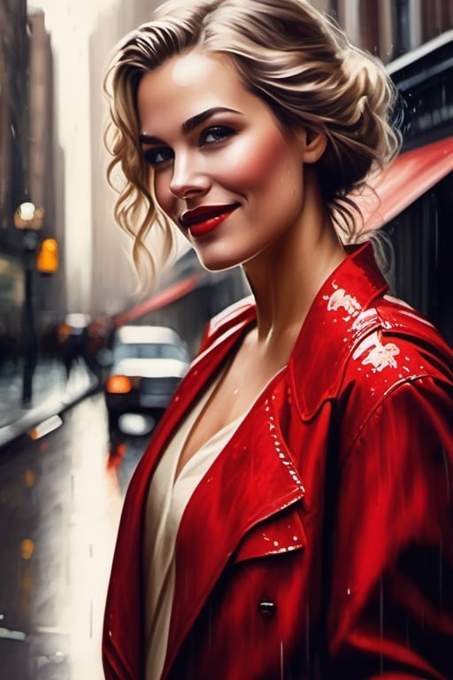 a woman with a red shirt and a red lip is standing in the rain in a city street with buildings,  Christen Dalsgaard,  fash...
