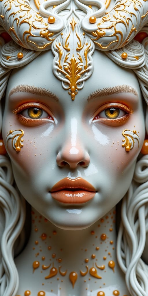 the face of a woman dressed in demon attire, in the style of light gray and light gold, vibrant illustrations, intricately sculpted, realistic hyper-detailed portraits, white and amber, queencore, depicts real life --ar 3:5 --v 6.0