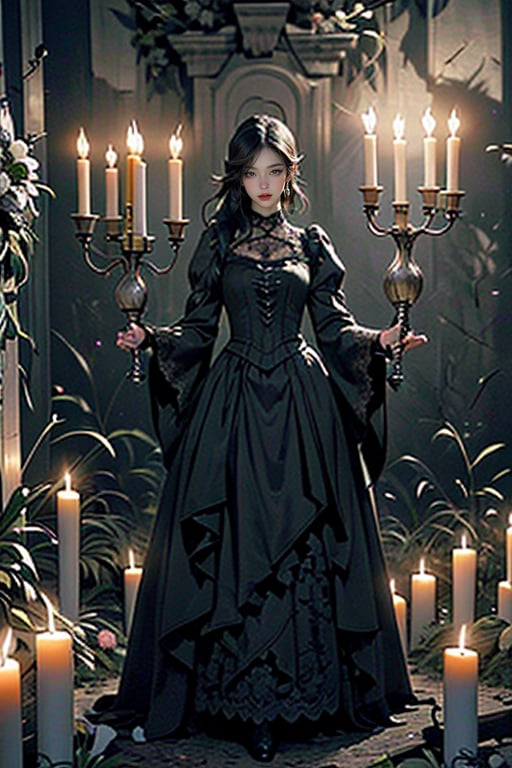 ((top quality)), ((masterpiece)), full body image of a young vampire woman, (( in a old and dark the crypt of a cemetery, holding a candelabra with candles)) gothic woman, very pale, dark shadow around his eyes, black old lace clothes with intrincate details, black long hair collected in a ponytail, wide black pamela, intricate details, highly detailed light gray eyes, highly detailed mouth, cinematic image, illuminated by soft light,photo of perfecteyes eyes