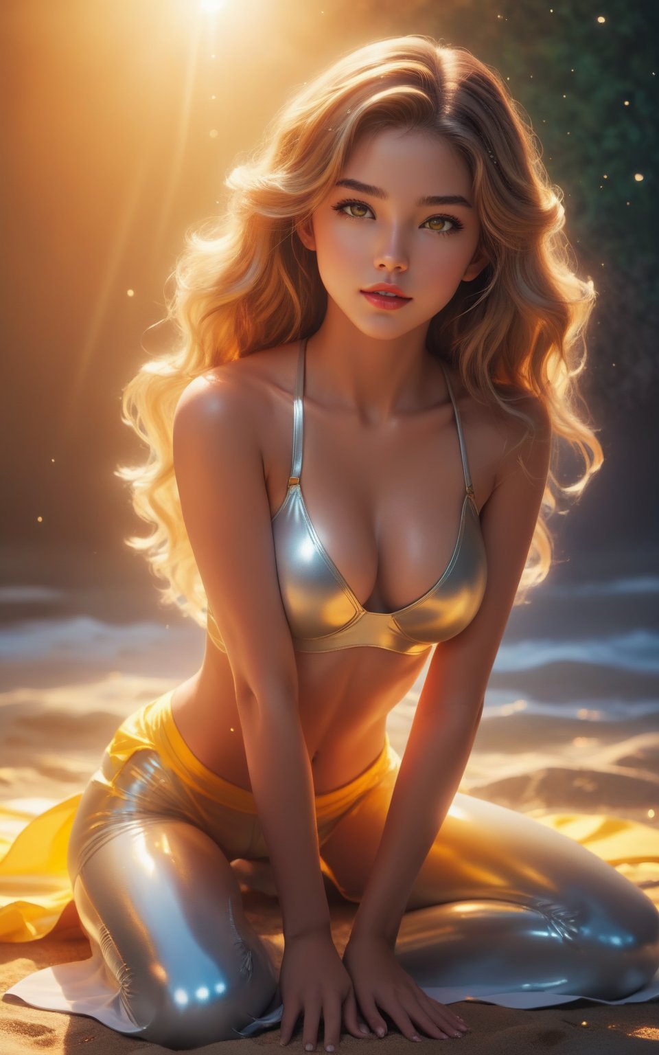 In a masterpiece of anime artistry,  a stunning 4K render depicts a breathtakingly beautiful girl in a kneeling position,...