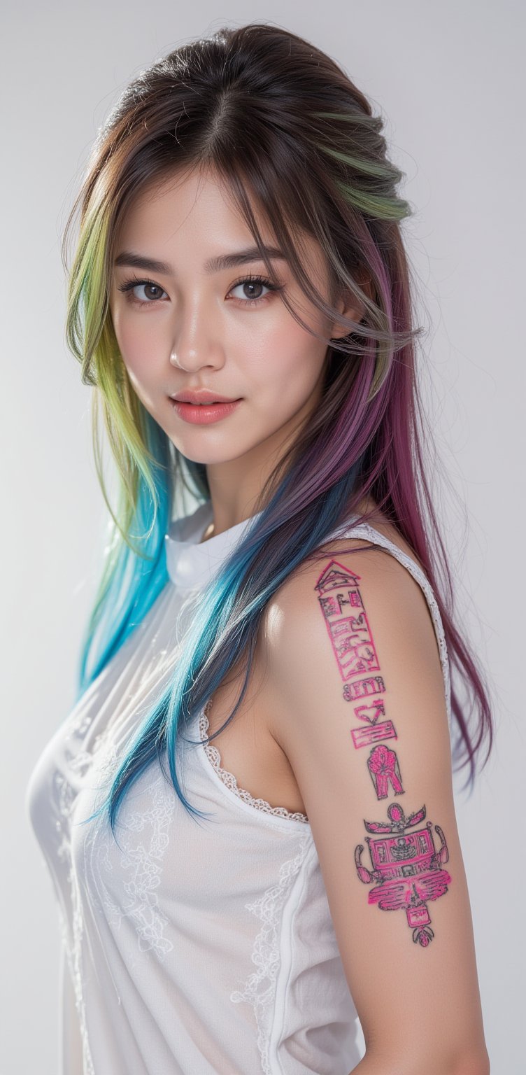 a beautiful European Greek woman monochrome white skin color with colorful hair with neon hieroglyph tattoos with a white monochrome theme on a white backround