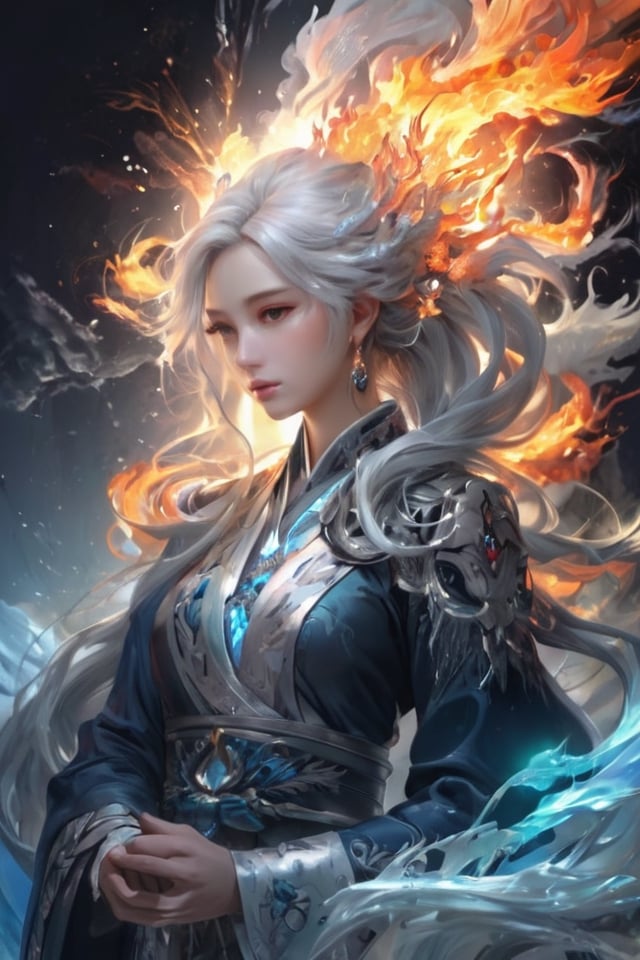 (masterpiece, top quality, best quality, official art, beautiful and aesthetic), cute, extreme detailed,(abstract, fractal art),(silver_hair), fate \(series\), colorful,highest detailed, fire, ice, lightning, (splash_art:1.2), jewelry:1.4, hanfu,  , scenery, ink,