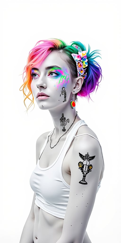 a beautiful European Greek woman monochrome white skin color with colorful  hair with neon hieroglyph tattoos with a white monochrome theme on a white backround