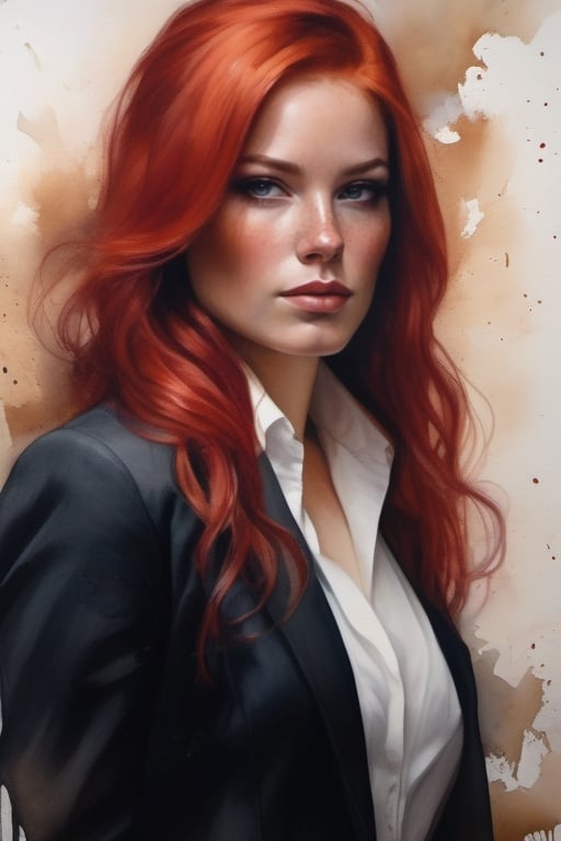 a painting of a woman with red hair and a black suit on,  with a white background and a white wall,  Donato Giancola by bl...