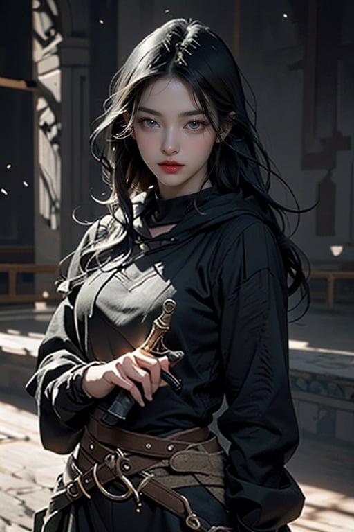 The image depicts a portrait of a woman in a fantasy style, and looking directly at the viewer. long black hair and is wearing a hood, a belt, and is holding a weapon. The background is not clearly defined, focusing solely on the character. The style is detailed and realistic, with a strong emphasis on the character's features and attire. The lighting is dramatic, casting shadows on her face and creating a sense of mystery and intrigue. (((Black clothes,))), long hair, detailed, realistic, dramatic lighting, centered composition.