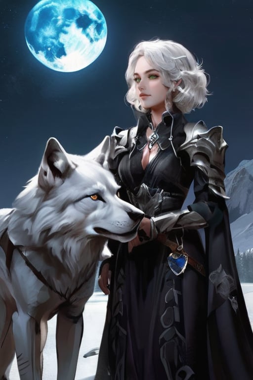 A highly detailed, realistic image of a stunning girl with white hair and a majestic she-wolf, set against a magnificent nocturnal backdrop.