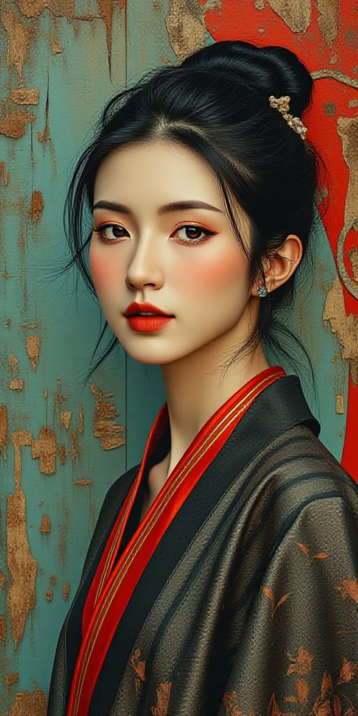 A painting of an Asian woman,  in the style of precisionist art,  meticulous design by blue on Tensor.Art