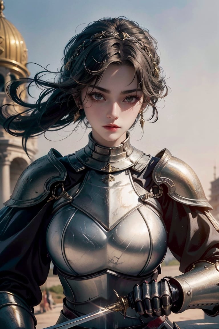 A close-up of a woman in armor wielding a sword, a female knight in exquisite armor, adorned with photogenic details, showcasing a fusion of strength and style.