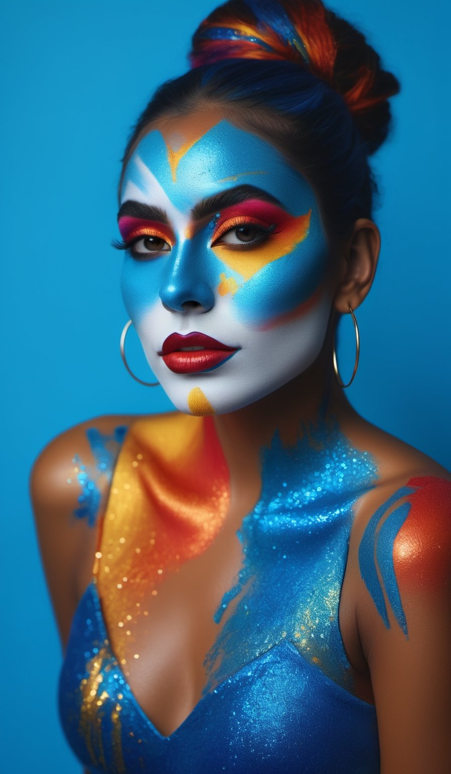 arafed woman with face paint and a blue background,  color photograph portrait 4k,  color portrait by blue on Tensor.Art