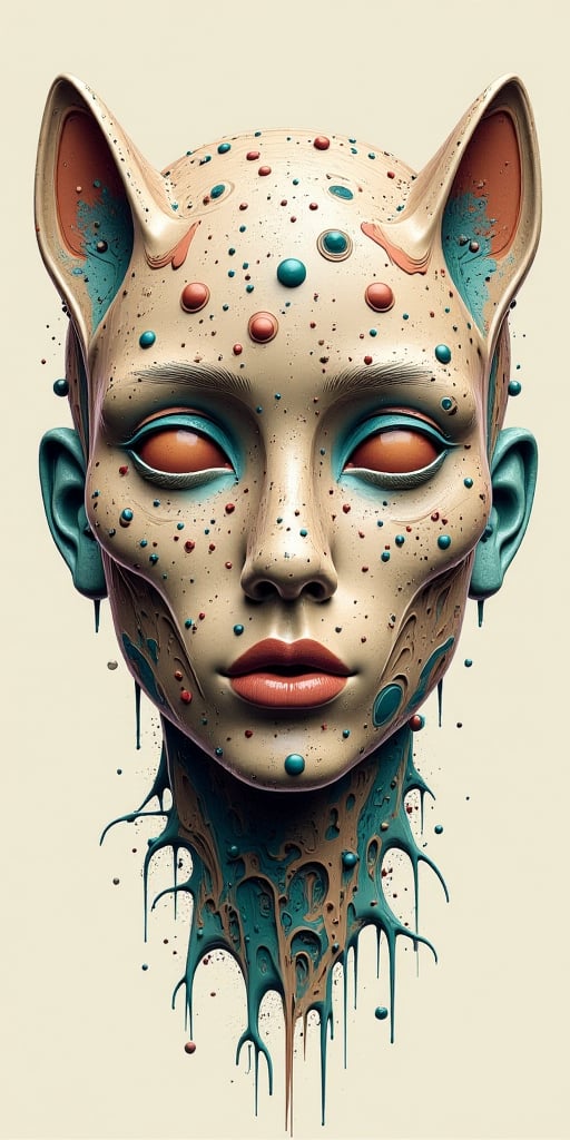 an abstract head with animallike features, in the style of futuristic cyberpunk, james jean, light brown and cyan, highly detailed illustrations, symmetrical balance, jeff danziger, aykut aydogdu --ar 37:55 --stylize 750 --v 5.2