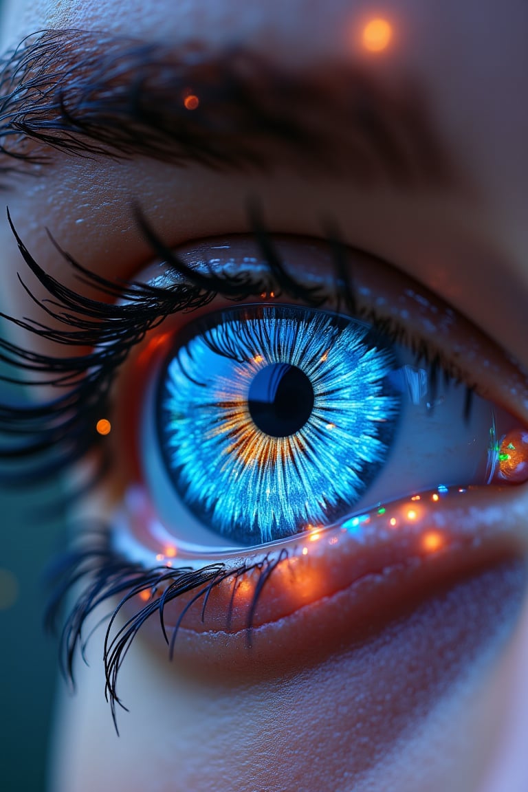 A mesmerizing close-up of a young girl's eye, with a fractal iris that shimmers like a work of art nouveau. The bio chemiluminescence effect creates an otherworldly glow, as if the eye is a window to a kaleidoscope of colors and prism-like patterns. Abstract calligraphy and artistic lettering swirl around the pupil, resembling visual poetry in motion. The realistic blue iris seems to melt away, releasing a cascade of vivid, colorful pigments that fall like dripping paint onto the canvas. Amidst this fantastical scene, a delicate crystal flower blooms, as if infused with magic.