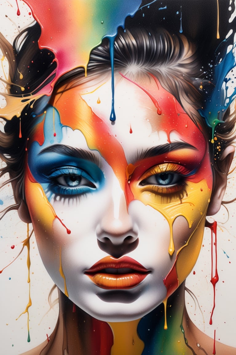 colored pencil drawing of a beautiful woman's face with paint splashed on it and drops of paint falling off --ar 4:5 --s 5...