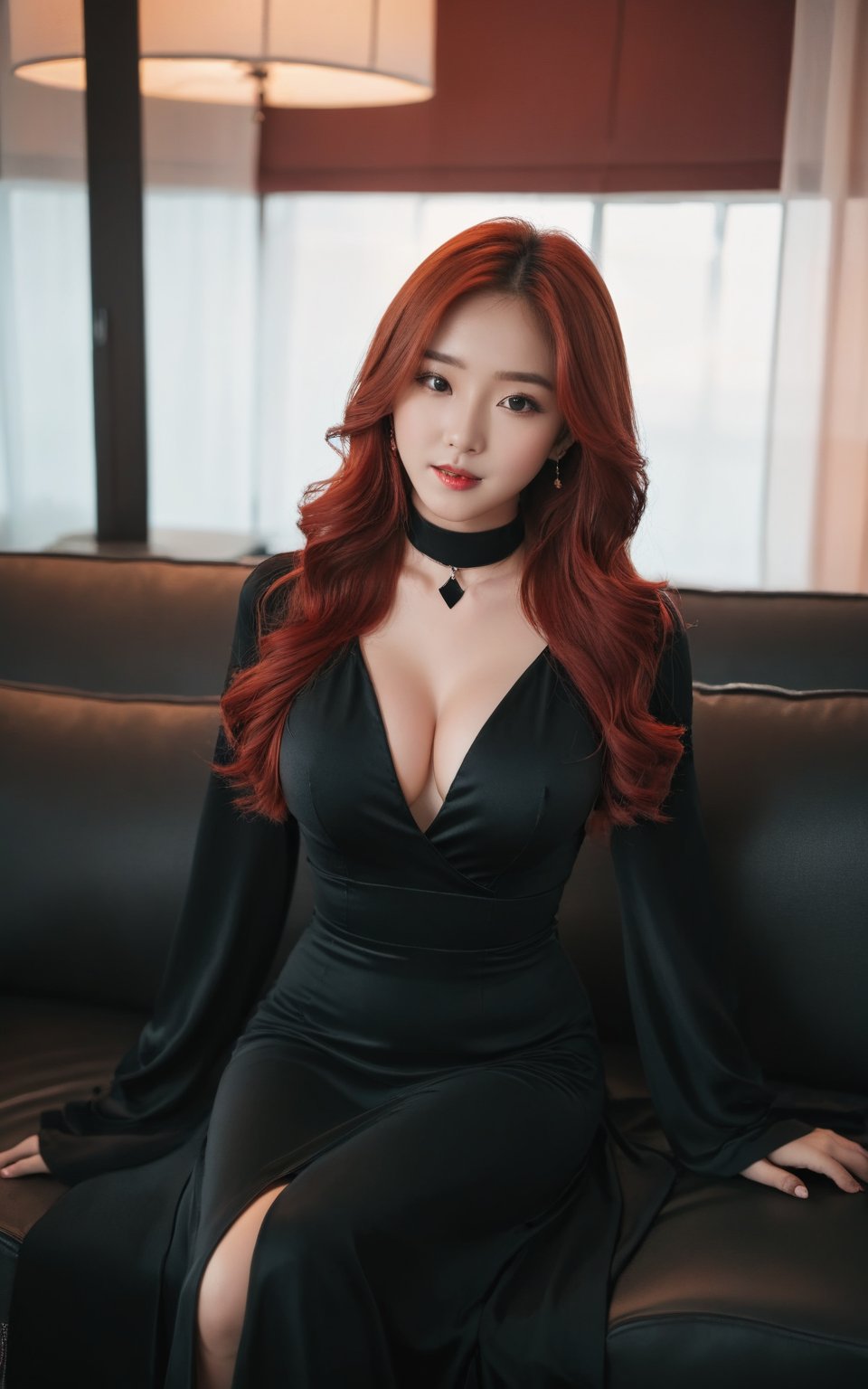 dongtan dress, 1girl,solo,cleavage, large breasts, long sleeves, covered navel, long hair, red hair, black dress, black choker, , living room, sofa, soft light, looking at viewer, dynamic pose,