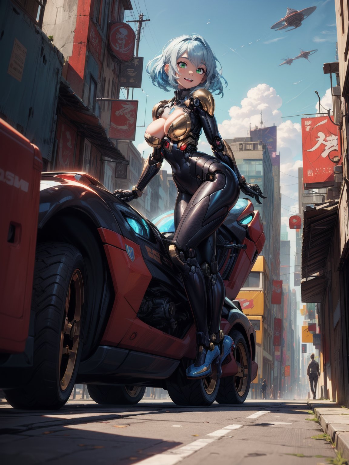 {((a woman – cyborg))},  {((wearing black suit with extremely tight and tight golden mechanical parts)),  ((absurdly gigan...