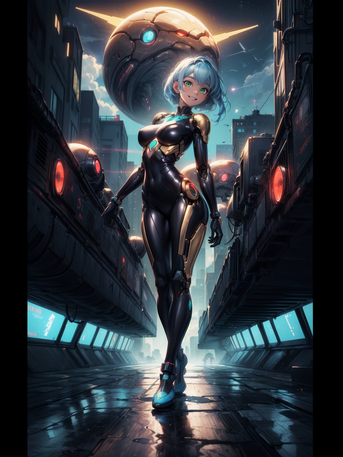 {((a woman – cyborg))},  {((wearing black suit with extremely tight and tight golden mechanical parts on the body)),  ((ab...