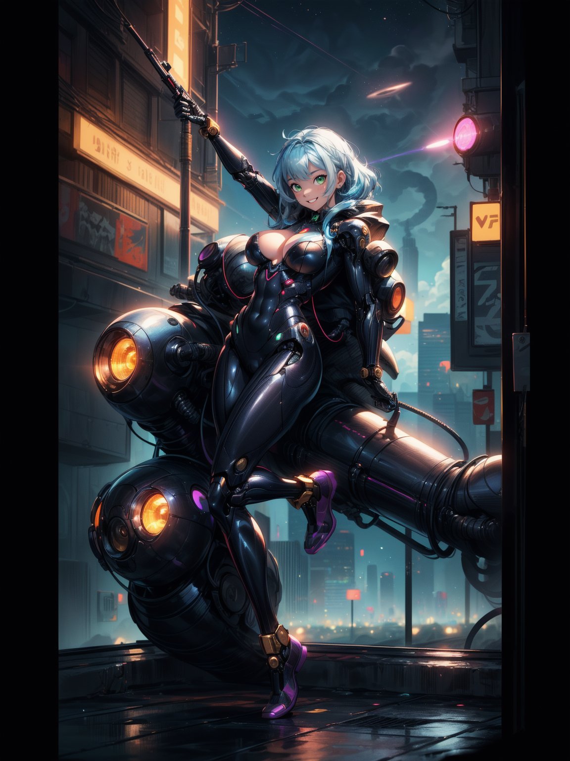 {((a woman – cyborg))},  {((wearing black suit with extremely tight and tight golden mechanical parts on the body)),  ((ab...