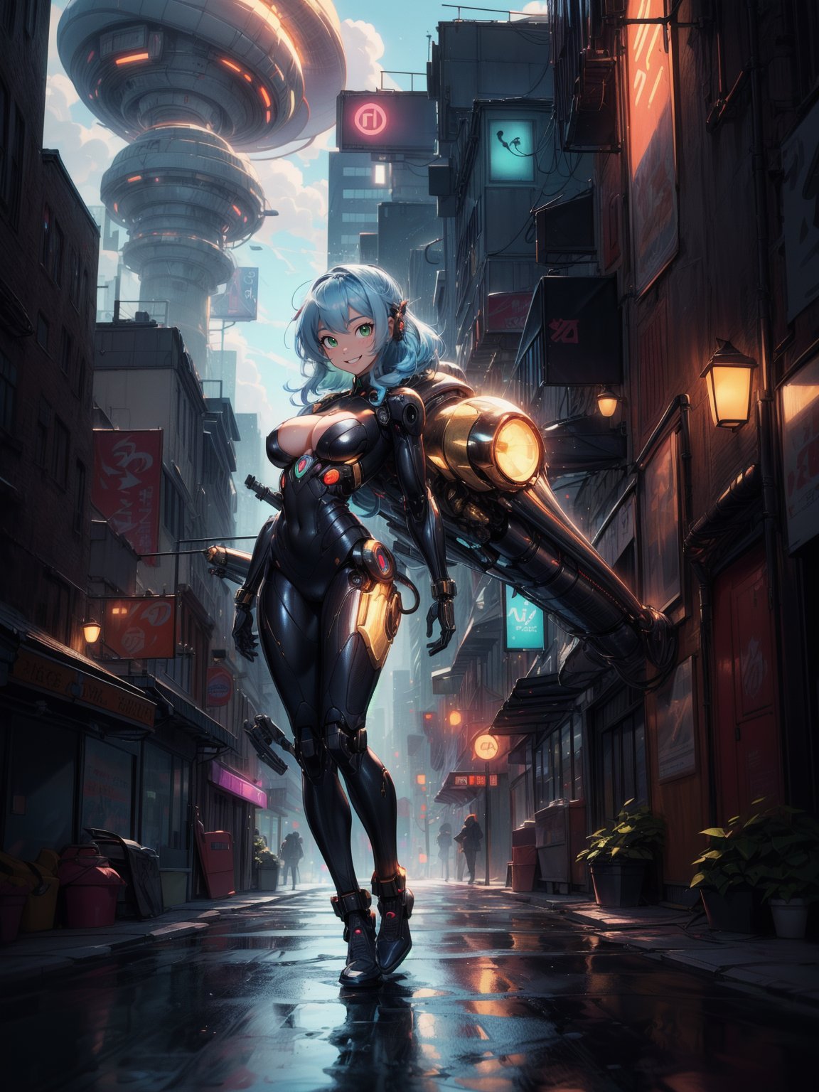 {((a woman – cyborg))},  {((wearing black suit with extremely tight and tight golden mechanical parts on the body)),  (((a...