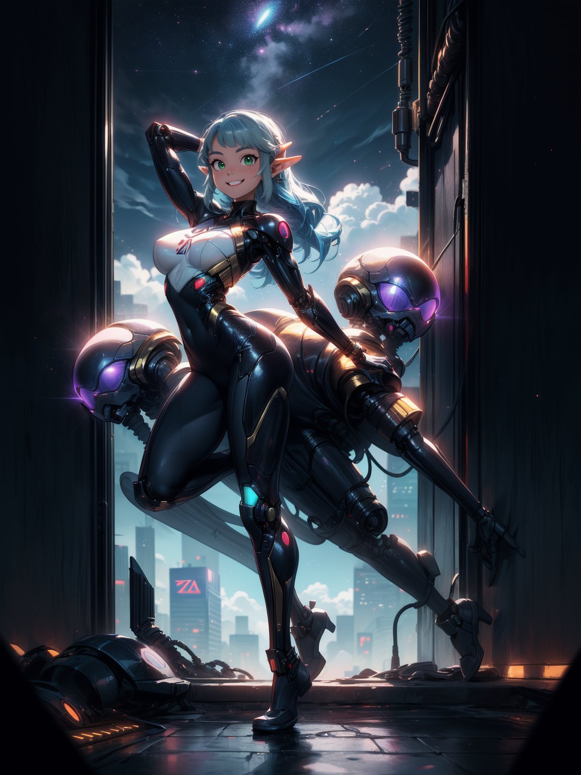 {((Princesa Zelda – cyborg))},  {((wearing black suit with extremely tight and tight golden mechanical parts on the body))...