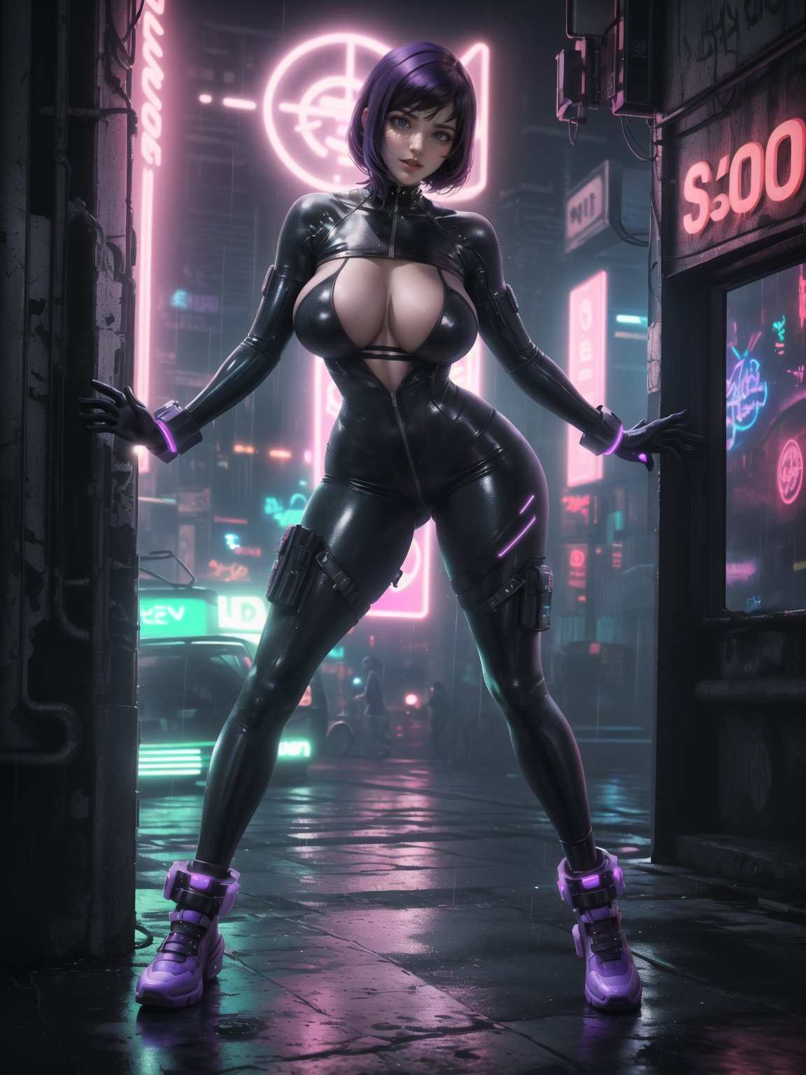 ((Full body):2) {((Solo/Just a 30 year old woman):2)}:{((wearing black cyberpunk costume with neon lights extremely tight and tight on the body, semi transparent):1.5), ((extremely large breasts):1.5), only she has ((very short purple hair, green eyes):1.5), ((looking at viewer, maniacal smile):1.5), she is doing ((erotic pose): 1.5)}; {Background:In a futuristic city raining heavily, (with cars parked on the street):1.5)}, Hyperrealism, 16k, ((best quality, high details):1.4), anatomically correct, masterpiece, UHD