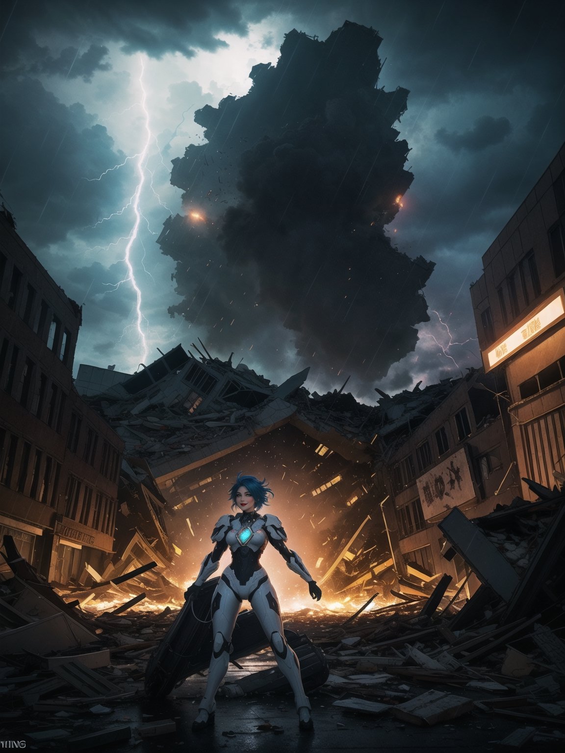 Impeccable 8K resolution, ultra-detailed. In a fusion style of mecha and CGI anime, with traits reminiscent of futuristic aesthetics. | Amidst the destruction of a city at night, under heavy rain, a 30-year-old woman, clad in a white mecha suit with blue details and golden neon lights, displays an intense expression of hatred and fury. Her voluminous bust and spiky blue hair, with a fringe covering part of her right eye, add a distinctive touch to her presence. She stares directly at the viewer, emanating a blue magical aura with pulsating thunder around her. | The composition highlights the character in the foreground, while massive debris from destroyed buildings and wreckage of machines fill the scene. The dynamic angle emphasizes the strength and determination of the woman amidst the chaos. | Effects like dramatic lighting, intense rain, and thunder flashes create an electrifying atmosphere. The intensity of the magical aura adds a supernatural touch to the scene, heightening the character's sense of power. | A commanding woman in a white mecha suit, expressing anger and determination amid the destruction of a city at night under heavy rain. She ((interacting and leaning on anything, very large structure+object, leaning against, sensual pose):1.2), ((Full body image)), better_hands, More Detail