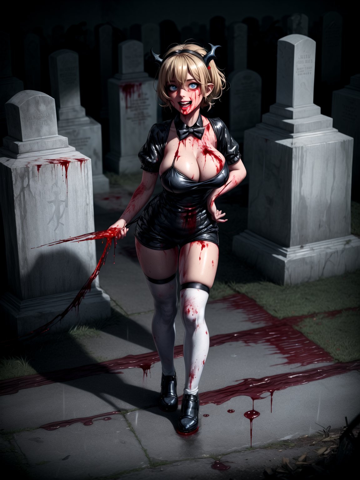 ((full body, standing):1.5), {((1 female Vampire))}, {((wearing extremely tight and short black maid outfit on the body, extremely tight and short white shorts, black pointy horns on the head)) , ((extremely gigantic and firm breasts)), ((short blond hair, blue eyes)), ((blood on body and floor):1.3), looking at viewer, maniacal smile, ((doing erotic pose, holding a whip)), ((in a ghoulish cemetery, raining heavily, lots of zombies, zombies coming out of the grave, zombies walking in the cemetery))}, 16k, high quality, high detail, UHD