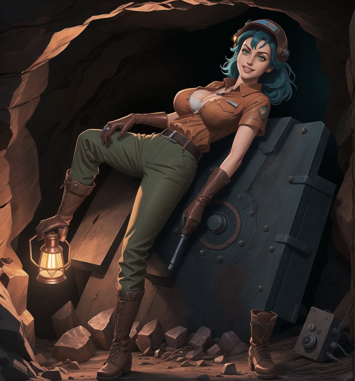 A masterpiece in 4K ultra-detailed realistic and futuristic style. | Ayla, a 26-year-old woman with short, messy blue hair, wears a brown mining suit with copper and black accents. The suit consists of a short-sleeved shirt, long pants, and high-top boots. She also wears a protective helmet with a lamp on the front, brown leather gloves, a belt with various tools, and a copper pocket watch. Her green eyes are looking at the viewer, ((smiling)) showing her white teeth and lips painted in dark brown. The scene takes place in a mining cave, with rocky structures and wooden and metal frameworks, mining machinery and equipment, and lamps attached to the walls. | The image highlights Ayla's imposing figure amidst the mining cave. The rocky, wooden, and metal structures, along with Ayla, the mining equipment, the tools on her belt, and the lamps on the walls, create a futuristic and industrial atmosphere. The lamps and the light from the helmet's lamp create dramatic shadows and highlight the details of the scene. | Soft and dark lighting effects create a relaxing and mysterious atmosphere, while rough and detailed textures on the structures and the suit add realism to the image. | A relaxing and terrifying scene of Ayla, a woman miner, in a futuristic mining cave. | (((((The image reveals a full-body_shot as she assumes a sensual_pose, engagingly leaning against a structure within the scene in an exciting manner. She takes on a sensual_pose as she interacts, boldly leaning on a structure, leaning back in an exciting way)))))). | ((perfect_body)), ((perfect_pose)), ((full-body_shot)), ((perfect_fingers, better_hands, perfect_hands)), ((perfect_legs, perfect_feet)), ((huge_breasts, big_natural_breasts, sagging_breasts)), ((perfect_design)), ((perfect_composition)), ((very detailed scene, very detailed background, perfect_layout, correct_imperfections)), ((More Detail, Enhance))