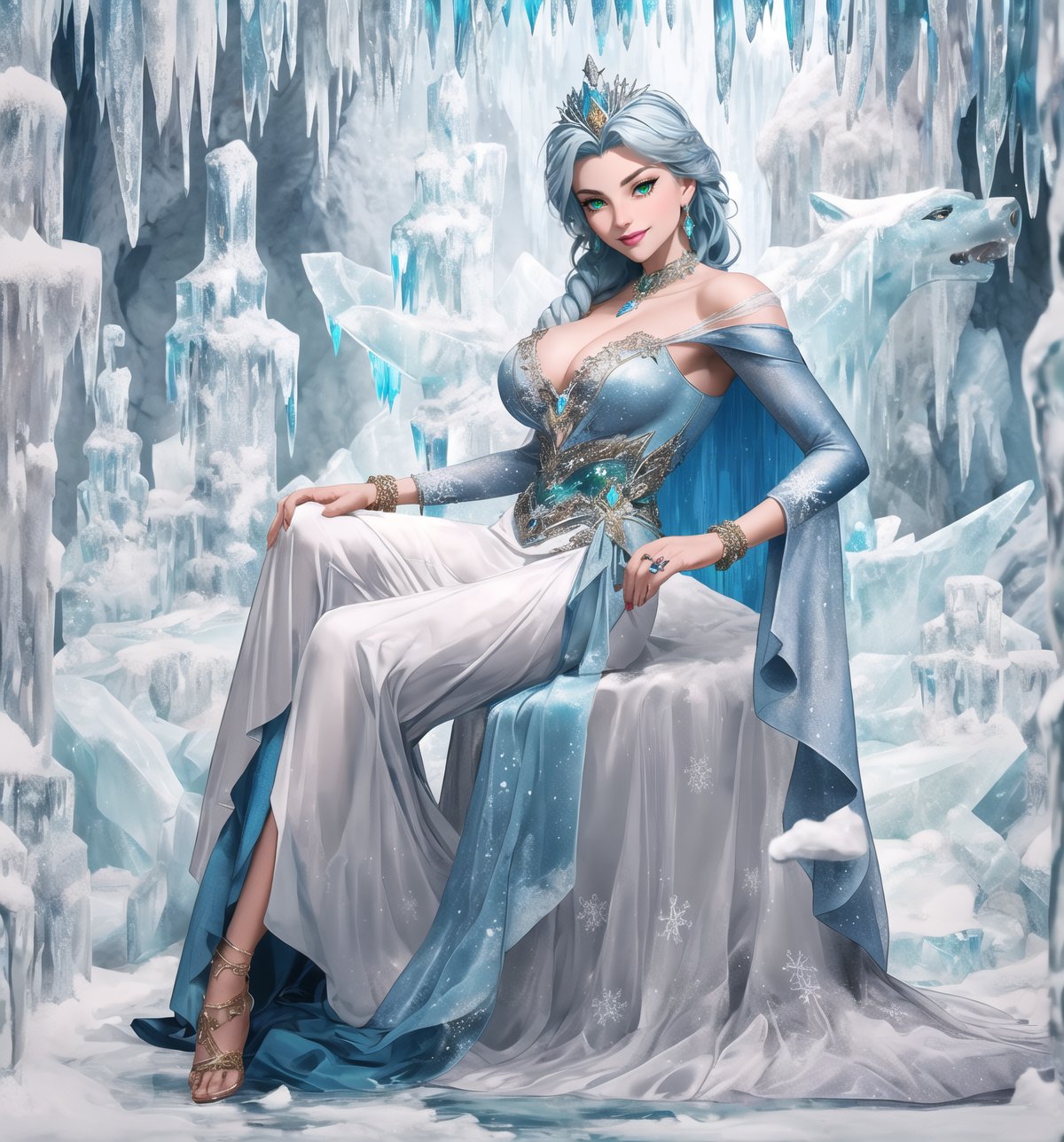 A masterpiece of digital art in the style of fantasy, magic, adventure, cold, and winter, rendered in ultra-high resolution with graphic details. | A 22-year-old woman named Elsa, wearing an ice sorceress costume in the color white with light blue and dark blue details. The costume has a long and flowing skirt, a blouse with long sleeves and a high collar, and a light blue tulle cape. She also wears a silver tiara with a blue stone in the center, silver earrings with snowflake-shaped pendants, silver bracelets on her hands, and a silver ring with a small diamond on her left hand. She has blue hair, short and messy, with a larger strand on the left side. Her green eyes are looking at the viewer, smiling, showing her white teeth and lips painted in light blue. The scene takes place in a frozen cave, with a rocky and white marble marble structure covered in ice, ice stalactites and stalagmites, an ice altar in the center, an ice pillar spread throughout the place, and ice sculptures and statues of mythical creatures. | The image highlights Elsa's imposing figure, with her light blue and dark blue details contrasting with the white of the costume and the cave. The details of the tiara, earrings, bracelets, and ring add a touch of elegance and sophistication to her appearance. Elsa's green eyes and her bright, smiling smile and light blue lips add a touch of life and color to the scene. The frozen cave is a magical and enchanted environment, with the rocky and white marble structures covered in ice, the ice stalactites and stalagmites, and the ice sculptures and statues of mythical creatures creating an atmosphere of fantasy and adventure. | Soft and cold lighting effects create a magical and enchanted atmosphere, while detailed textures on Elsa's costume, tiara, earrings, bracelets, ring, and the frozen cave add realism to the image. | A magical and enchanted scene of Elsa, an ice sorceress, in a frozen cave, exploring themes of fantasy, magic, and adventure. | (((((The image reveals a full-body shot as she assumes a sensual pose, engagingly leaning against a structure within the scene in an exciting manner. She takes on a sensual pose as she interacts, boldly leaning on a structure, leaning back in an exciting way)))))). | ((perfect body)), ((perfect pose)), ((full-body shot)), ((perfect fingers, better hands, perfect hands)), ((perfect legs, perfect feet)), (((huge_breasts, big_natural_breasts, sagging_breasts))), ((perfect design)), ((perfect composition)), ((very detailed scene, very detailed background, perfect layout, correct imperfections)), ((More Detail, Enhance)),