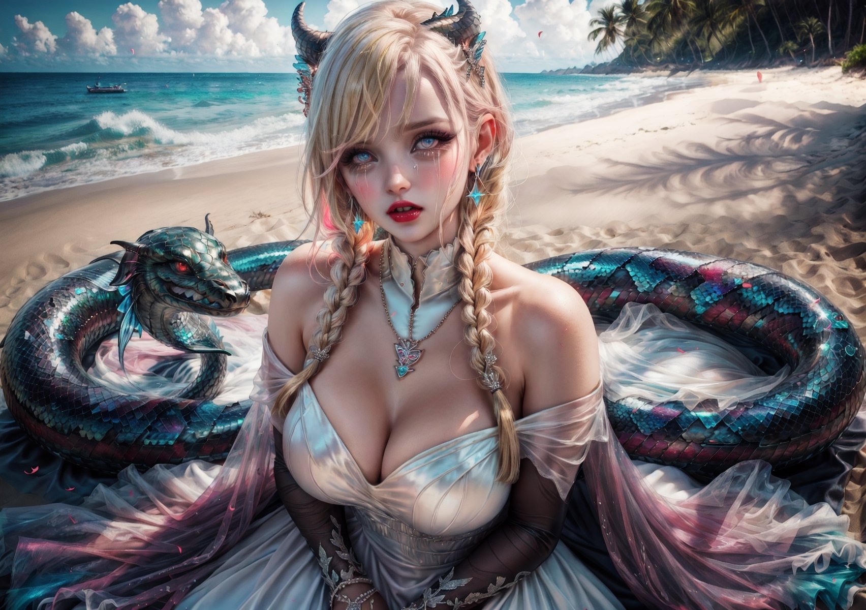 a girl, blonde hair, long hair, snake braid and reverse braids, voluptuous, big breasts, demon eyes, vermilion eyes, eyeliner, blush, crimson lips, mermaid ears, earrings, charms, rings, bracelets, cold silk dress, white dress, wedding dress, sitting, sitting on the sand, noble, night, crying, high heels