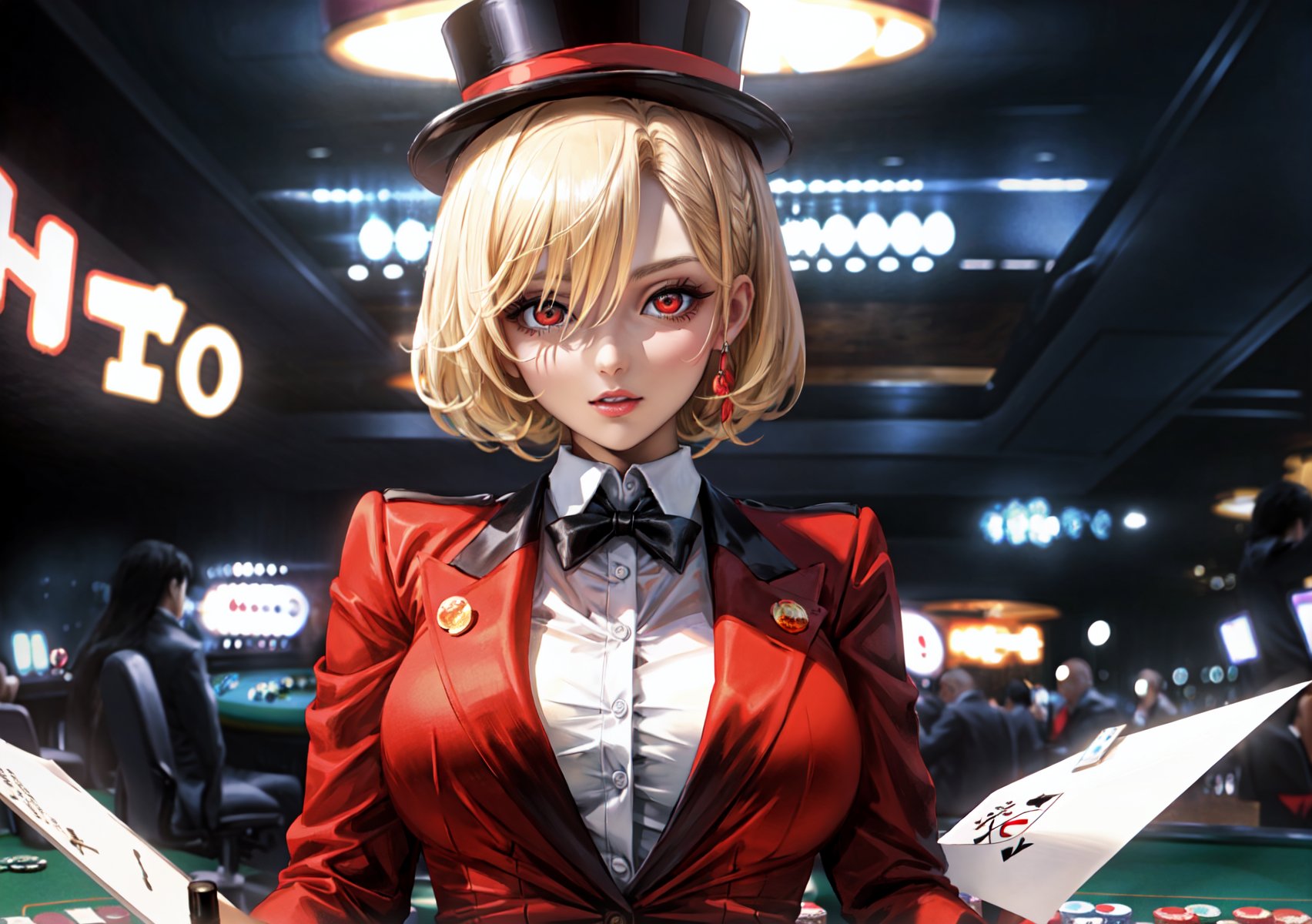 a magazine cover, floating japanese text, red text, Defaults17Style, a lot of text on the magazine cover, casino, casino background, casino table, 1 voluptuous young woman, short blonde hair above her shoulders, red eyes, hair Between the eyes, very large breasts, alone, flushed skin, red collared shirt, white tuxedo, white top hat, red ribbon on top hat, letter ornaments,